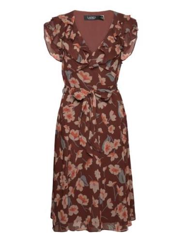 Floral Ruffle-Trim Georgette Dress Kort Kjole Brown Lauren Ralph Laure...