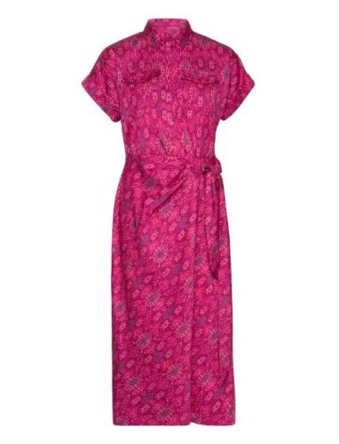 Geo-Print Shantung Tie-Waist Dress Knælang Kjole Pink Lauren Ralph Lau...