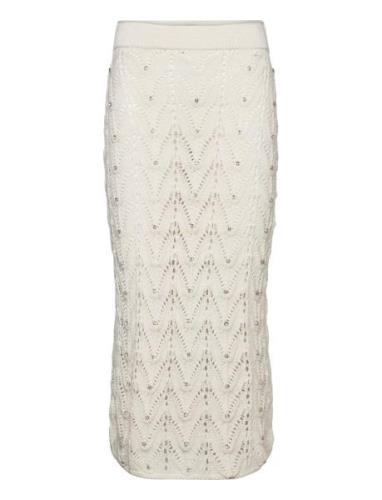 Knitted Skirt With Rhinest Detail Knælang Nederdel Beige Mango