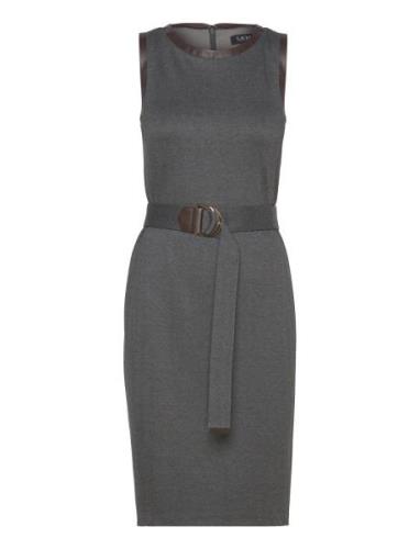 Faux-Leather-Trim Belted Jacquard Dress Knælang Kjole Grey Lauren Ralp...