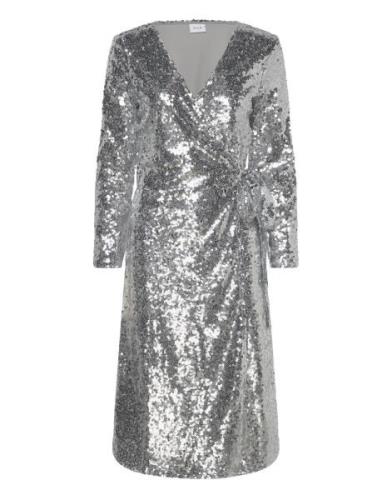 Vijuliana L/S Wrap Midi Sequins Dress/Ka Knælang Kjole Silver Vila