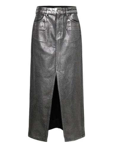 Long Foil Denim Skirt Knælang Nederdel Black Mango