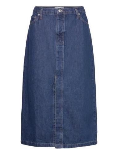 Denim Midi-Skirt Knælang Nederdel Blue Mango