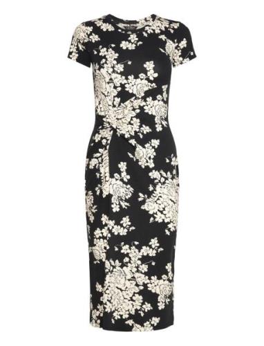 Floral Jersey Twist-Front Midi Dress Knælang Kjole Black Lauren Ralph ...