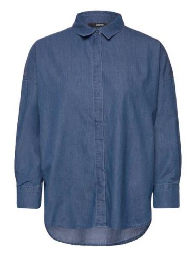Cotton Denim Blouse Tops Shirts Long-sleeved Blue Esprit Collection