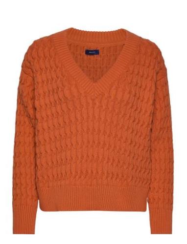 Cotton Texture V-Neck Tops Knitwear Jumpers Orange GANT