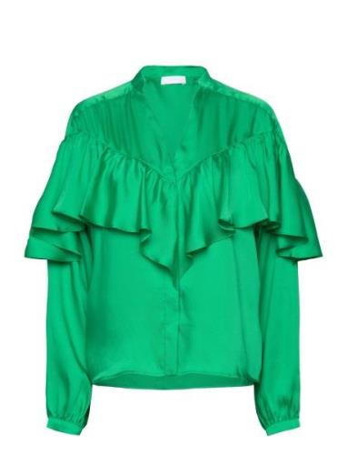2Nd Noelle - Drapy Twill Solid Tops Blouses Long-sleeved Green 2NDDAY