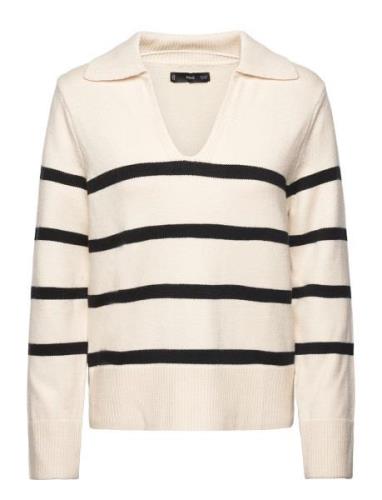 Striped Polo-Neck Sweater Tops Knitwear Jumpers Cream Mango
