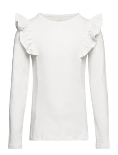 T-Shirt Ls Ruffle Tops T-shirts Long-sleeved T-Skjorte White Creamie