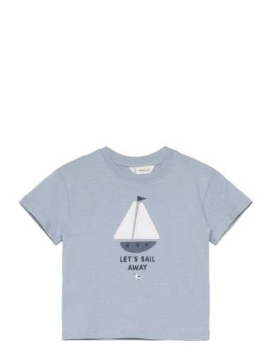 Embroidered Details Print T-Shirt Tops T-Kortærmet Skjorte Blue Mango