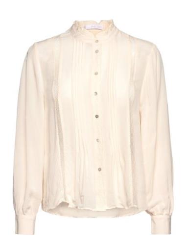 Lace Trim Shirt Tops Blouses Long-sleeved Cream Mango