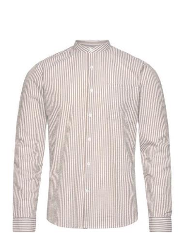 Seersucker Manderin Shirt L/S Tops Shirts Casual Cream Lindbergh