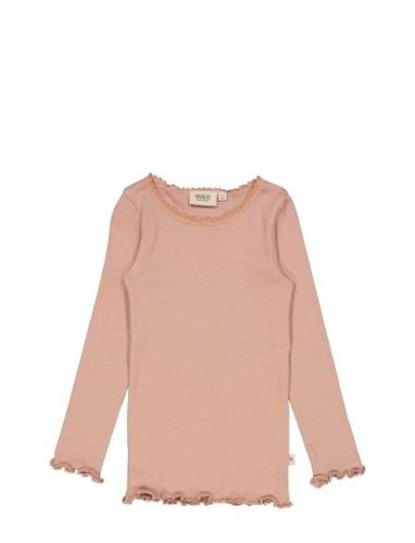 Rib T-Shirt Lace Ls Tops T-shirts Long-sleeved T-Skjorte Pink Wheat