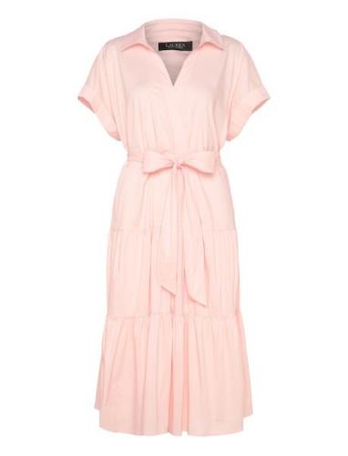 Belted Cotton-Blend Tiered Dress Knælang Kjole Pink Lauren Women