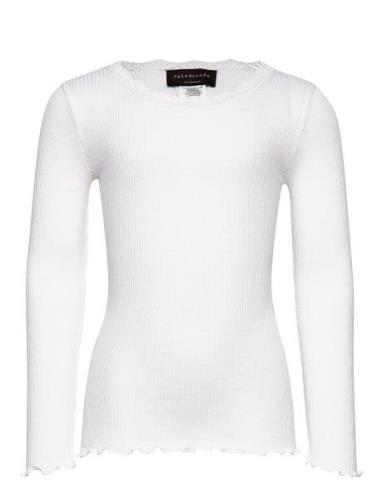 Silk T-Shirt W/ Lace Tops T-shirts Long-sleeved T-Skjorte White Rosemu...
