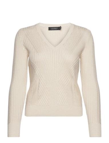 Mixed-Knit Cotton-Blend V-Neck Sweater Tops Knitwear Jumpers Cream Lau...