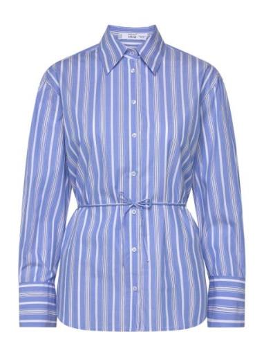 Striped Bow Blouse Tops Shirts Long-sleeved Blue Mango