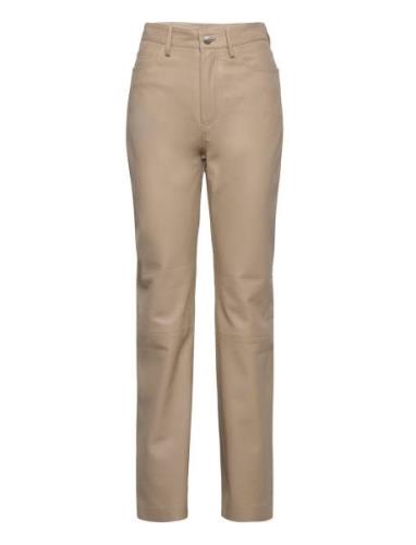 Leather Straight Pants Bottoms Trousers Leather Leggings-Bukser Beige ...