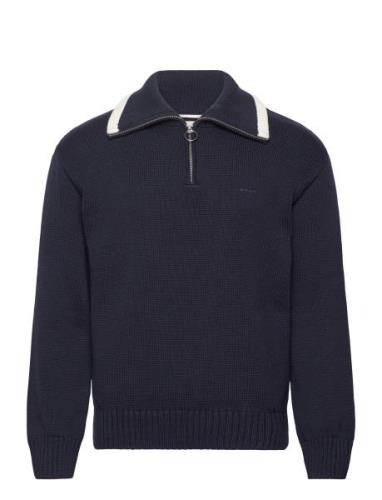 Relaxed Plain Cotton H-Zip Tops Knitwear Half Zip Jumpers Navy GANT