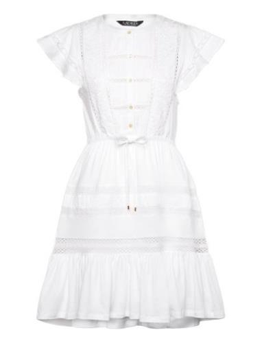 Lace-Trim Jersey Flutter-Sleeve Dress Kort Kjole White Lauren Ralph La...