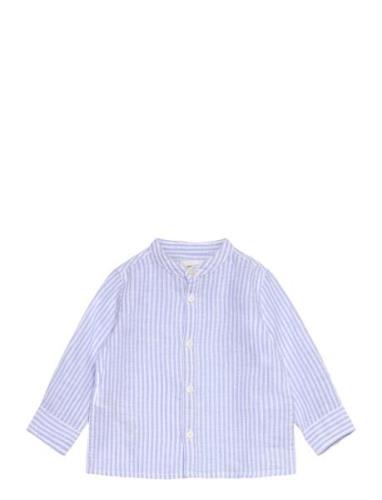 Striped Mandarin-Collar Linen Shirt Tops T-shirts Long-sleeved T-Skjor...