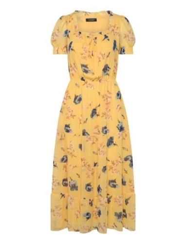 Floral Georgette Puff-Sleeve Midi Dress Knælang Kjole Yellow Lauren Ra...