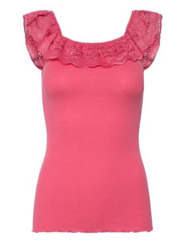 Silk Off Shoulder Top W/ Lace Tops T-shirts & Tops Sleeveless Pink Ros...