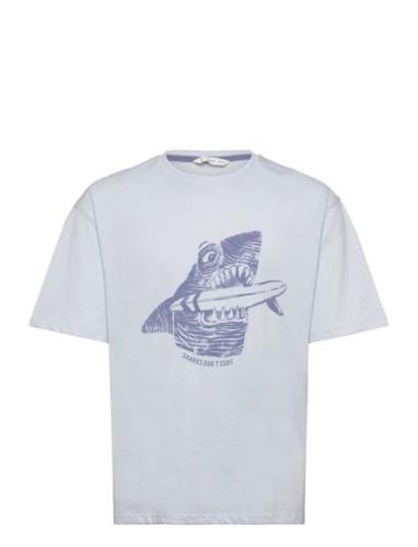 Printed Cotton-Blend T-Shirt Tops T-Kortærmet Skjorte Blue Mango