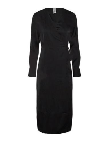 Yaspella Ls Wrap Midi Dress S. Noos Knælang Kjole Black YAS