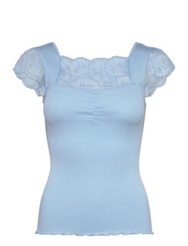 Silk T-Shirt W/ Lace Tops T-shirts & Tops Short-sleeved Blue Rosemunde