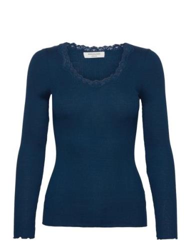 Silk T-Shirt W/ Lace Tops T-shirts & Tops Long-sleeved Blue Rosemunde