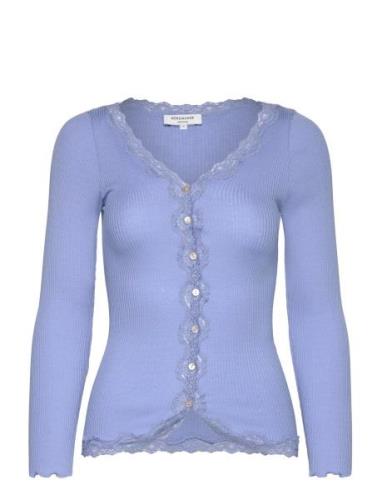 Silk Cardigan W/ Lace Tops Knitwear Cardigans Blue Rosemunde