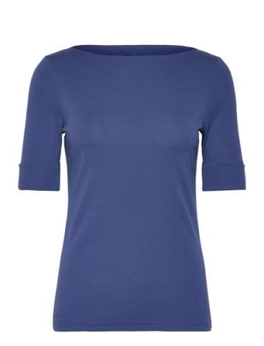 Stretch Cotton Boatneck Tee Tops T-shirts & Tops Short-sleeved Blue La...