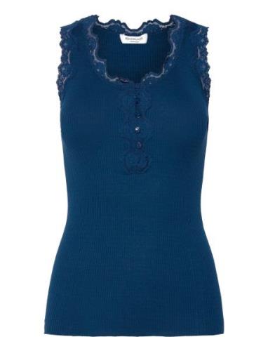 Silk Top W/ Button & Lace Tops T-shirts & Tops Sleeveless Blue Rosemun...