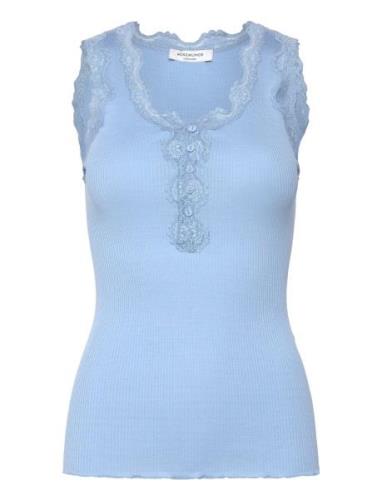 Silk Top W/ Button & Lace Tops T-shirts & Tops Sleeveless Blue Rosemun...