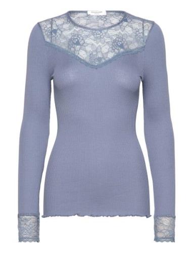 Silk T-Shirt Regular Ls W/Lace Tops T-shirts & Tops Long-sleeved Blue ...