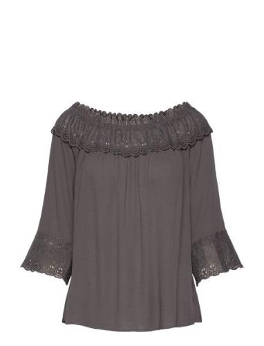 Crbea Lace Blouse Tops Blouses Long-sleeved Grey Cream