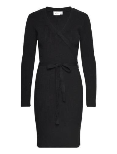 Viril Wrap L/S Knit Dress - Noos Knælang Kjole Black Vila