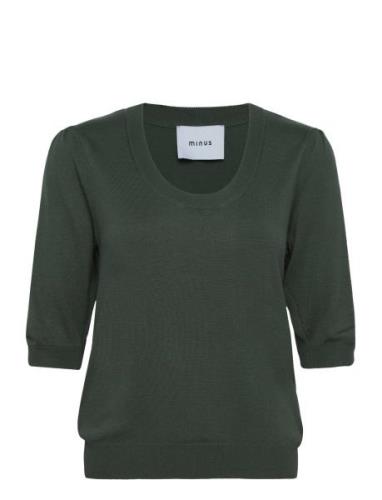 Mspam Scoop Neck Knit T-Shirt Tops Knitwear Jumpers Khaki Green Minus
