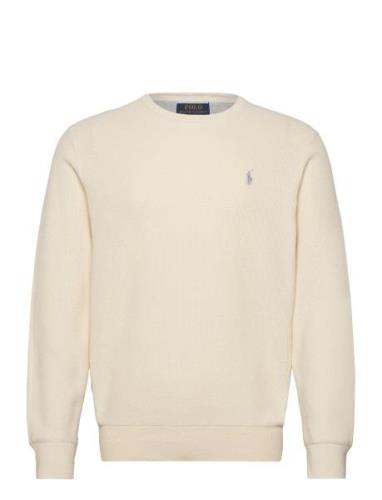 Textured Cotton Crewneck Sweater Tops Knitwear Round Necks Cream Polo ...
