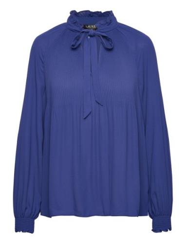 Pleated Georgette Tie-Neck Blouse Tops Blouses Long-sleeved Blue Laure...