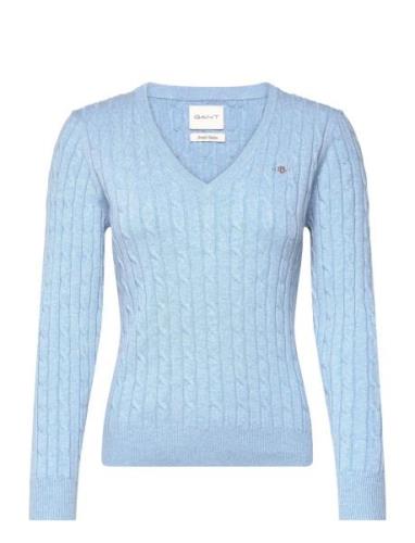 Stretch Cotton Cable V-Neck Tops Knitwear Jumpers Blue GANT