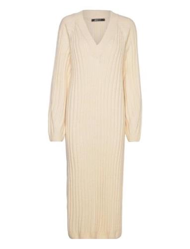 V-Neck Knitted Dress Knælang Kjole Cream Gina Tricot