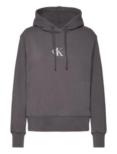 Washed Monologo Regular Hoodie Tops Sweatshirts & Hoodies Hoodies Blac...