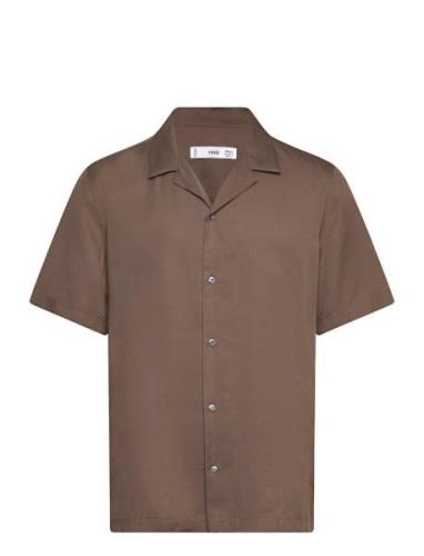 Regular-Fit Shirt With Bowling Neck Tops Shirts Short-sleeved Brown Ma...