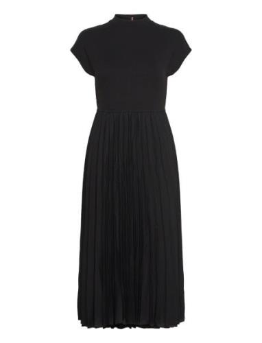 5X2 Rib Mk-Nk Pleat Midi Drs Ss Knælang Kjole Black Tommy Hilfiger