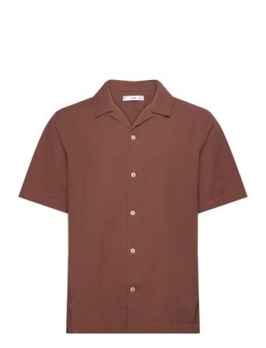Regular-Fit 100% Seersucker Cotton Shirt Tops T-Kortærmet Skjorte Brow...