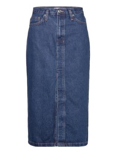 Denim Midi-Skirt Knælang Nederdel Blue Mango