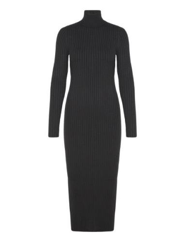 Turtleneck Ribbed Midi-Dress Knælang Kjole Black Mango