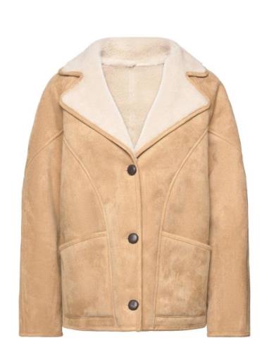 Shearling-Lined Coat With Buttons Læderjakke Skindjakke Beige Mango